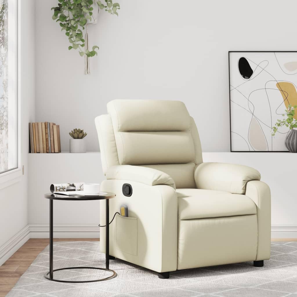 vidaXL Massage Recliner Chair with 6-Point Vibration Massage and Convenient Side Pocket, Cream Leather Rocker, Adjustable Backrest & Footrest Lounge Seat for Living Room, USB Charge Port